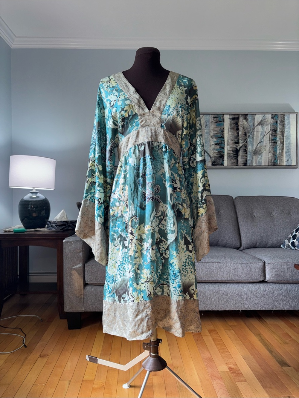 le chateau Teal and Beige 100% silk Floral V-Neck Dress